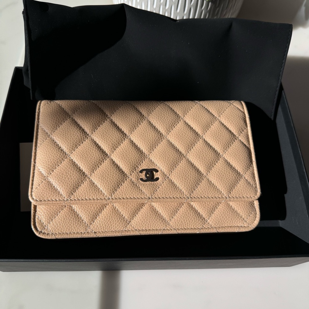 Chanel classic beige caviar quilted woc wallet on chain
